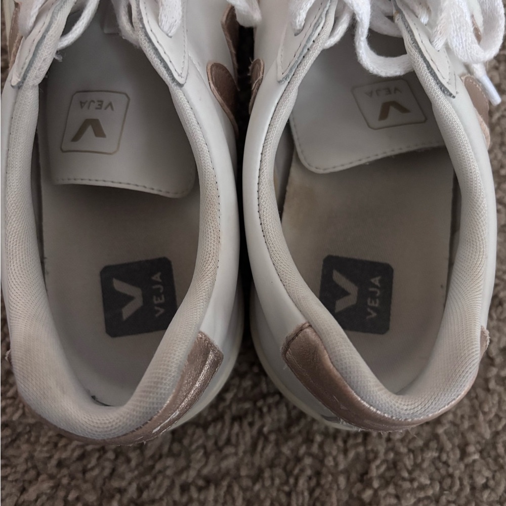 Worn Veja Women's White and Gold Sneakers - Picture 5 of 6